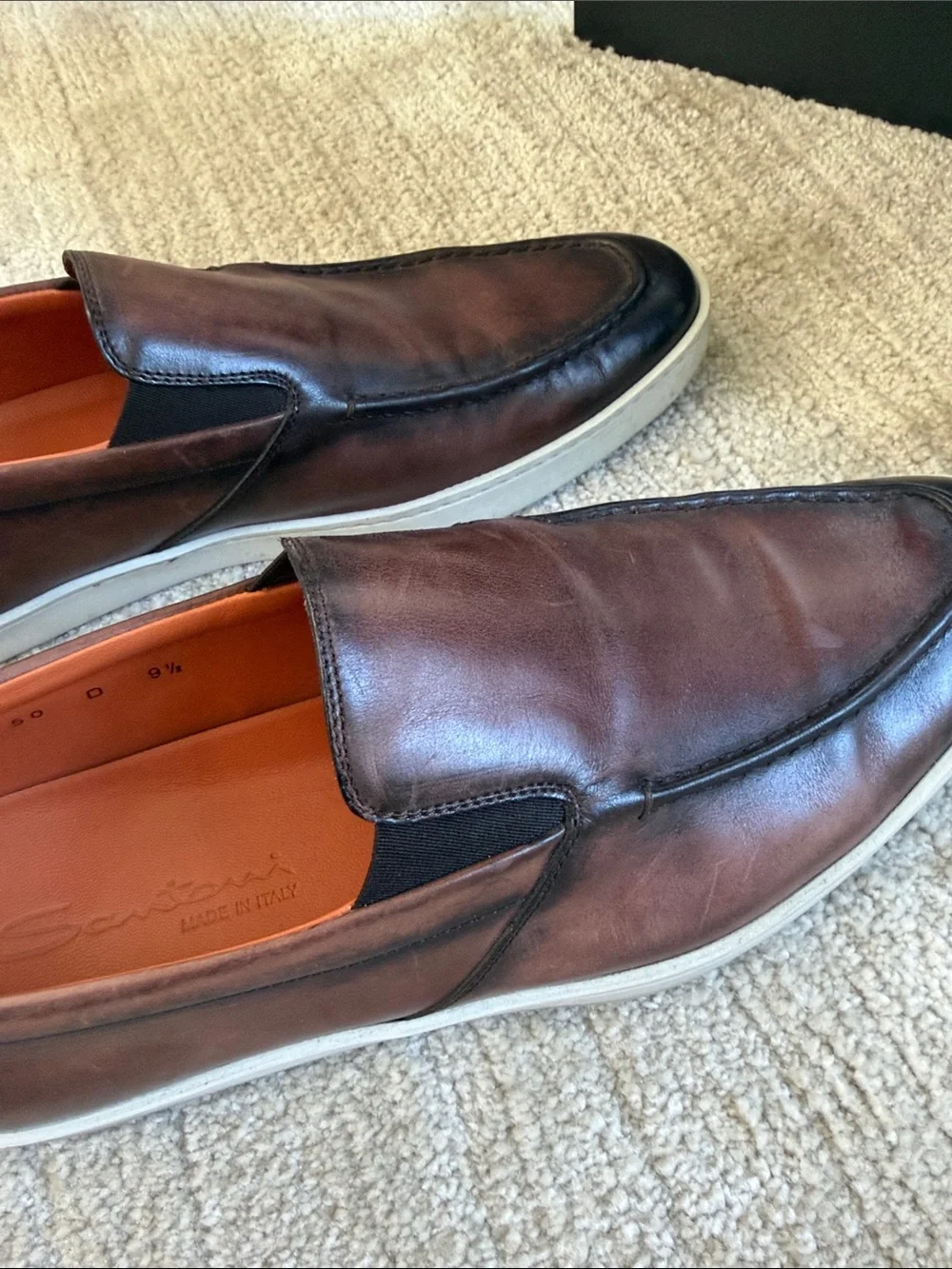 Santoni Brown Leather Slip-On Sneakers with White Sole